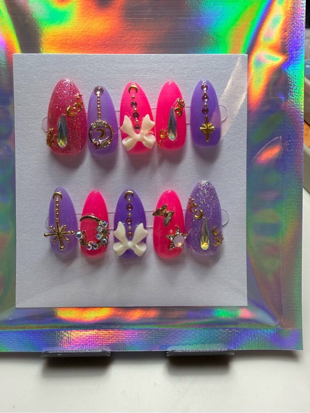Medium Almond Sailor Moon inspired Hot Pink & Lavender 3D Charm Press-On Nails